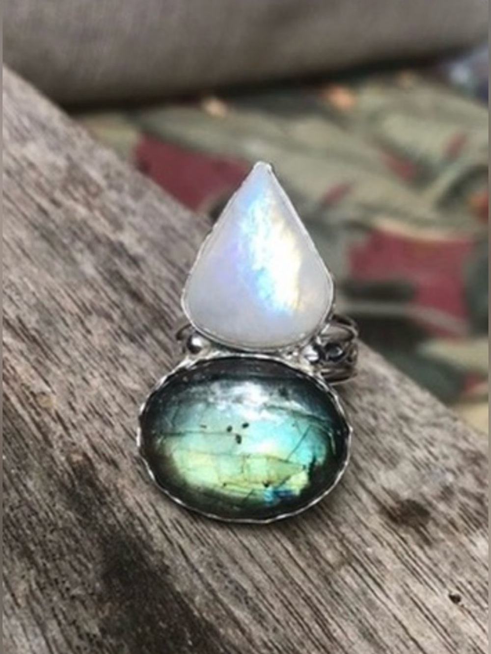 Double Gem Teardrop Ring in Moonstone and Labradorite - Silver